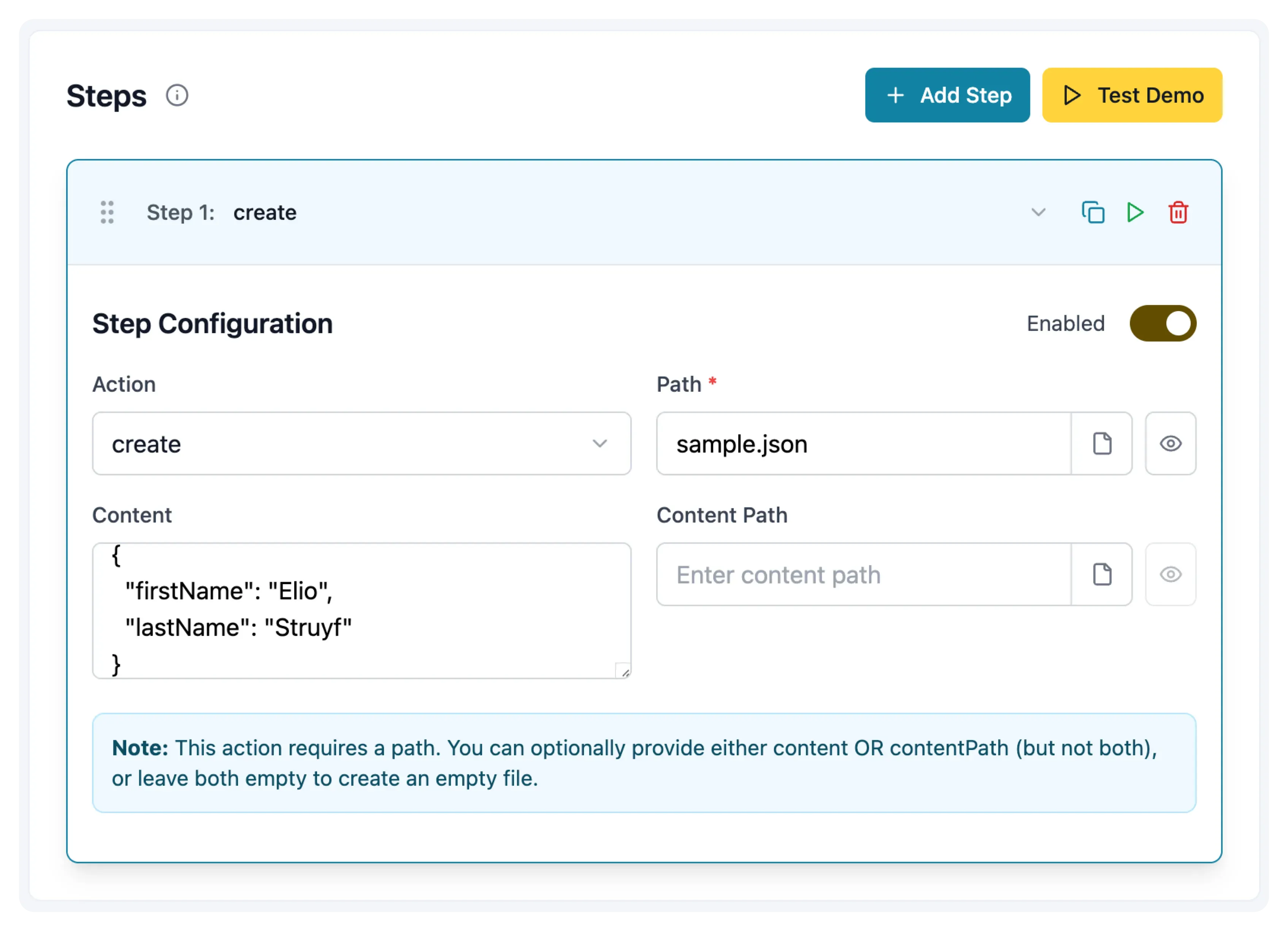Provided the step settings for the create action